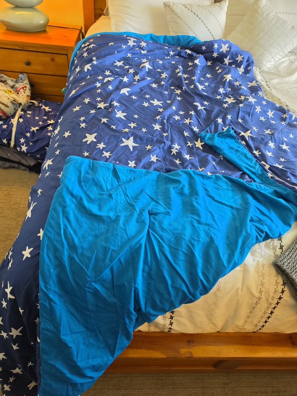 Star Print Blue Twin Comforter with Solid Teal Reverse